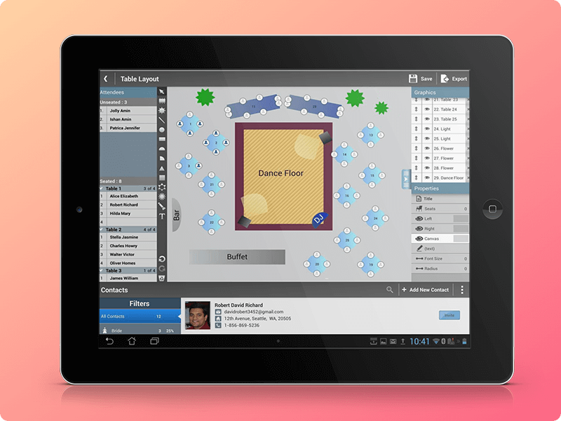 Wedding planner tablet app, table layout editor